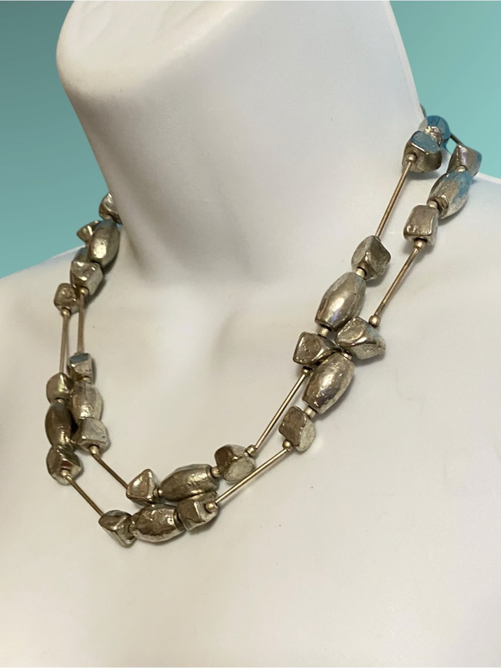 Silver Tone Pebble Beads Irregular Shaped Long Necklace
